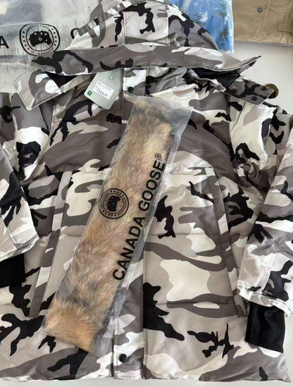 White camo goose parka