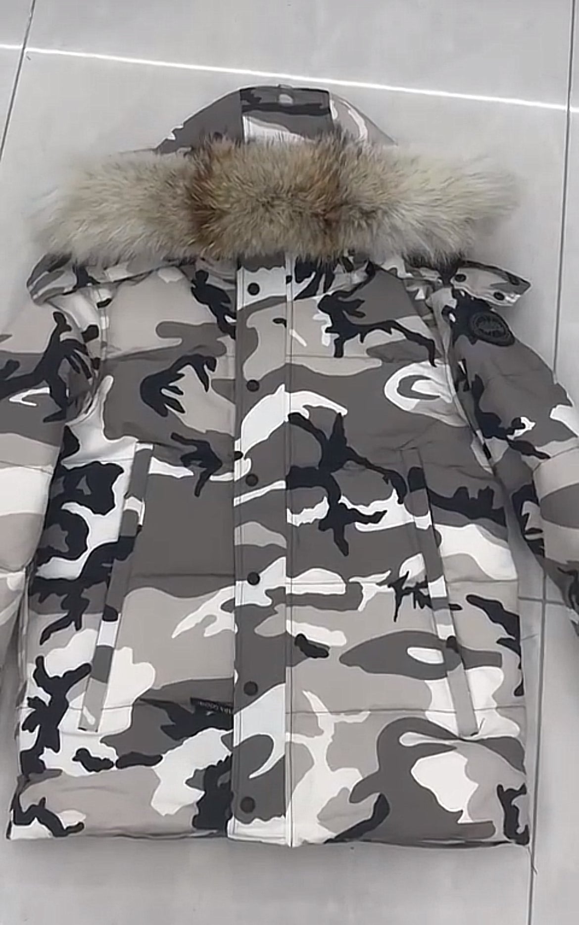 White camo goose parka