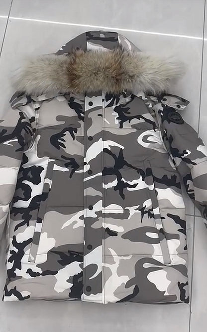 White camo goose parka