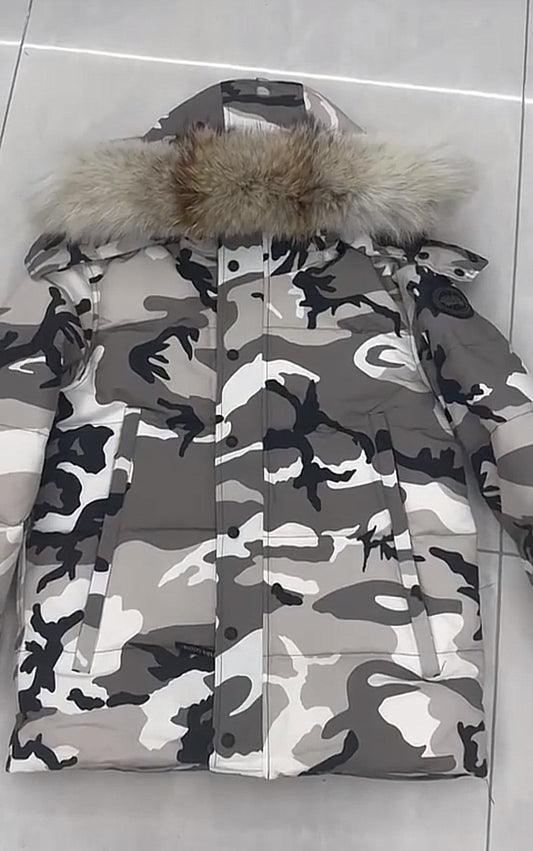 White camo goose parka