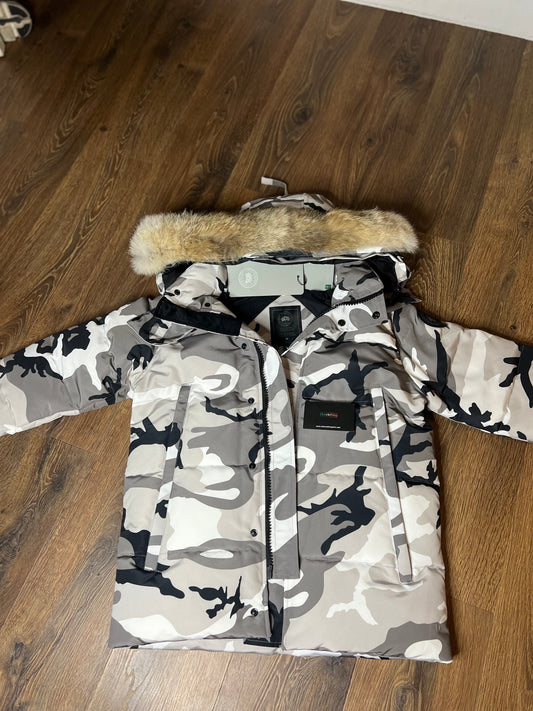 White camo goose parka
